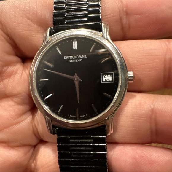 Working Raymond‎ Weil Black Classic Watch W/Date Stretchable Band 5569 Mens 34mm - Picture 1 of 9